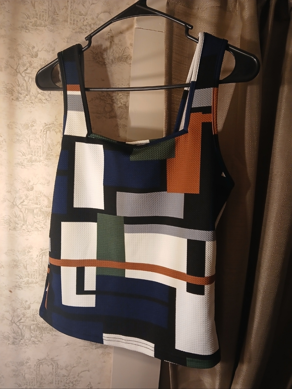 SHEIN Colorblock Geometric Square Neck Tank Top - Blue, White & Green & Brown